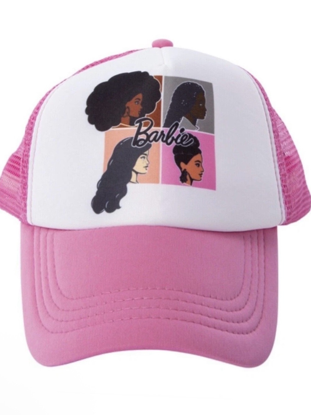 Barbie Pink and White Retro Trucker Hat with Multiface Graphics, NWOT Retail $25